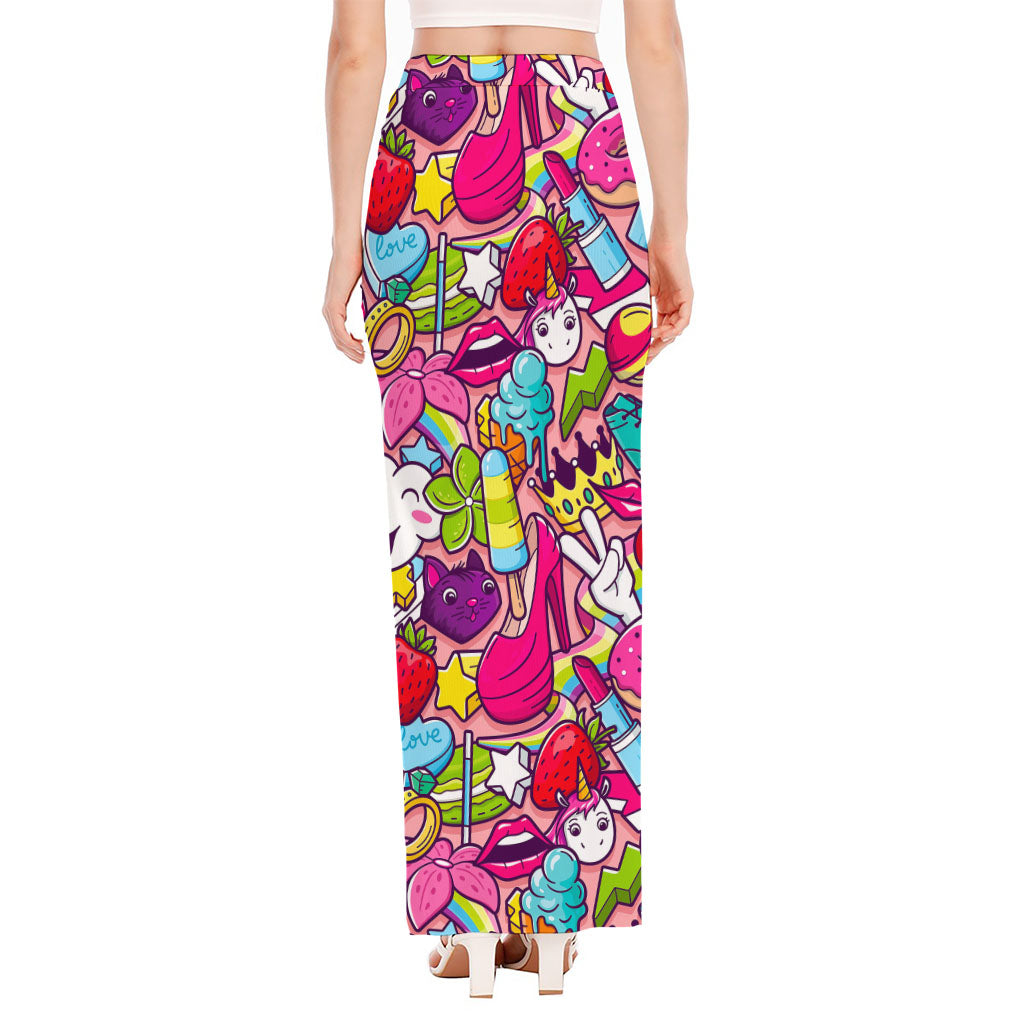 Girly Unicorn Cartoon Pattern Print High Slit Maxi Skirt