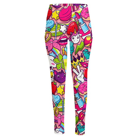 Girly Unicorn Cartoon Pattern Print High-Waisted Pocket Leggings