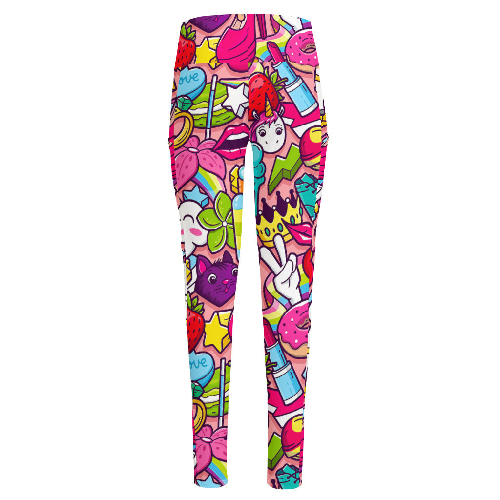 Girly Unicorn Cartoon Pattern Print High-Waisted Pocket Leggings