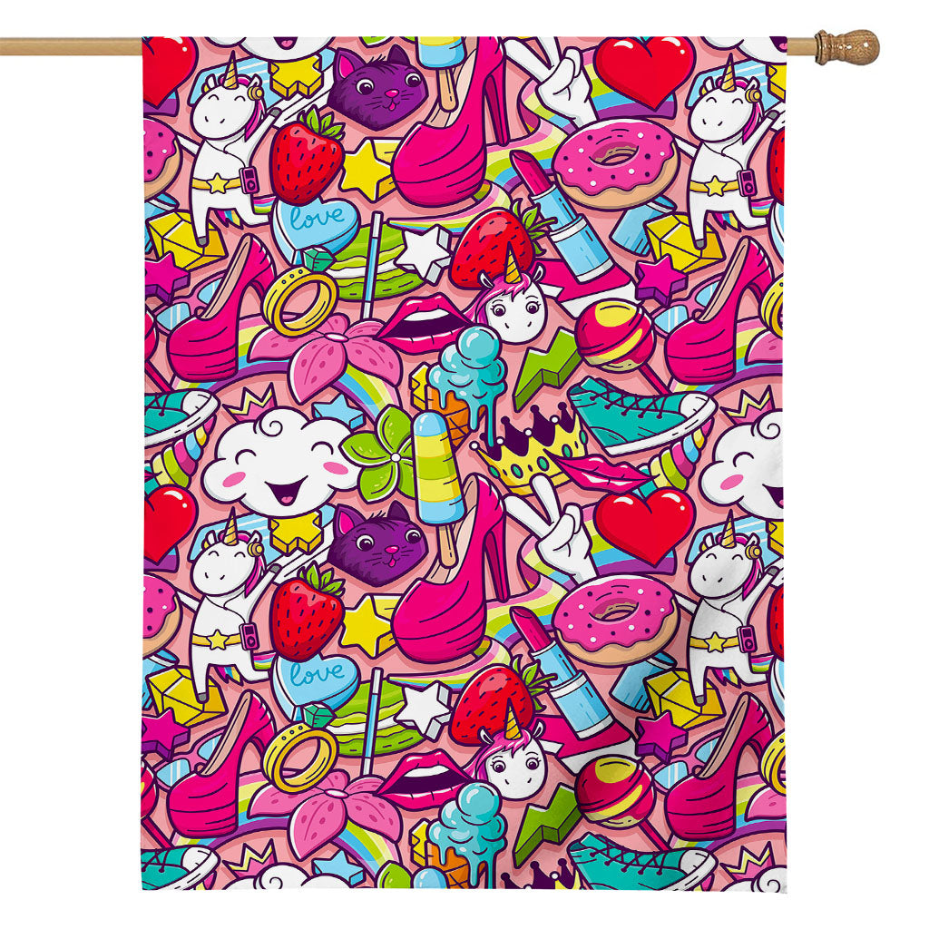 Girly Unicorn Cartoon Pattern Print House Flag