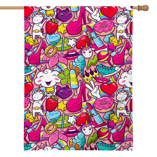 Girly Unicorn Cartoon Pattern Print House Flag