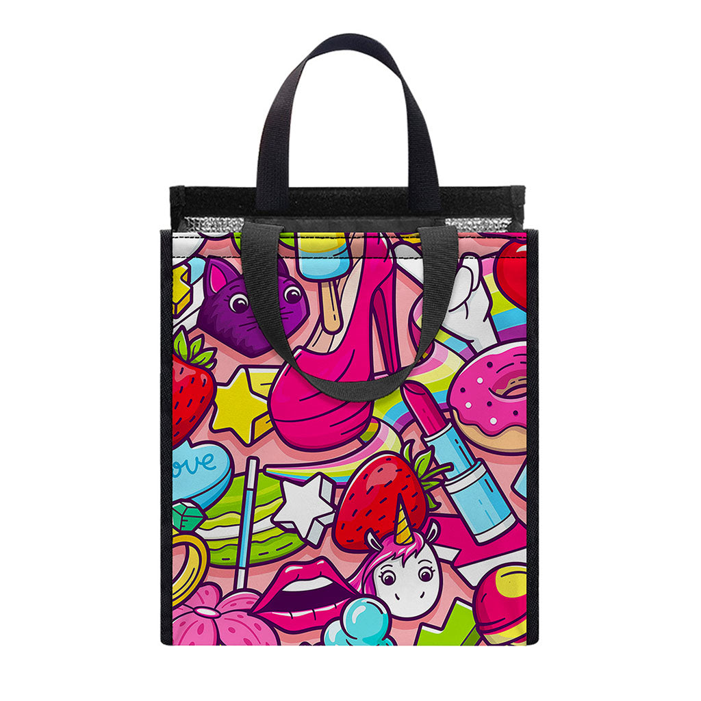 Girly Unicorn Cartoon Pattern Print Insulated Lunch Tote