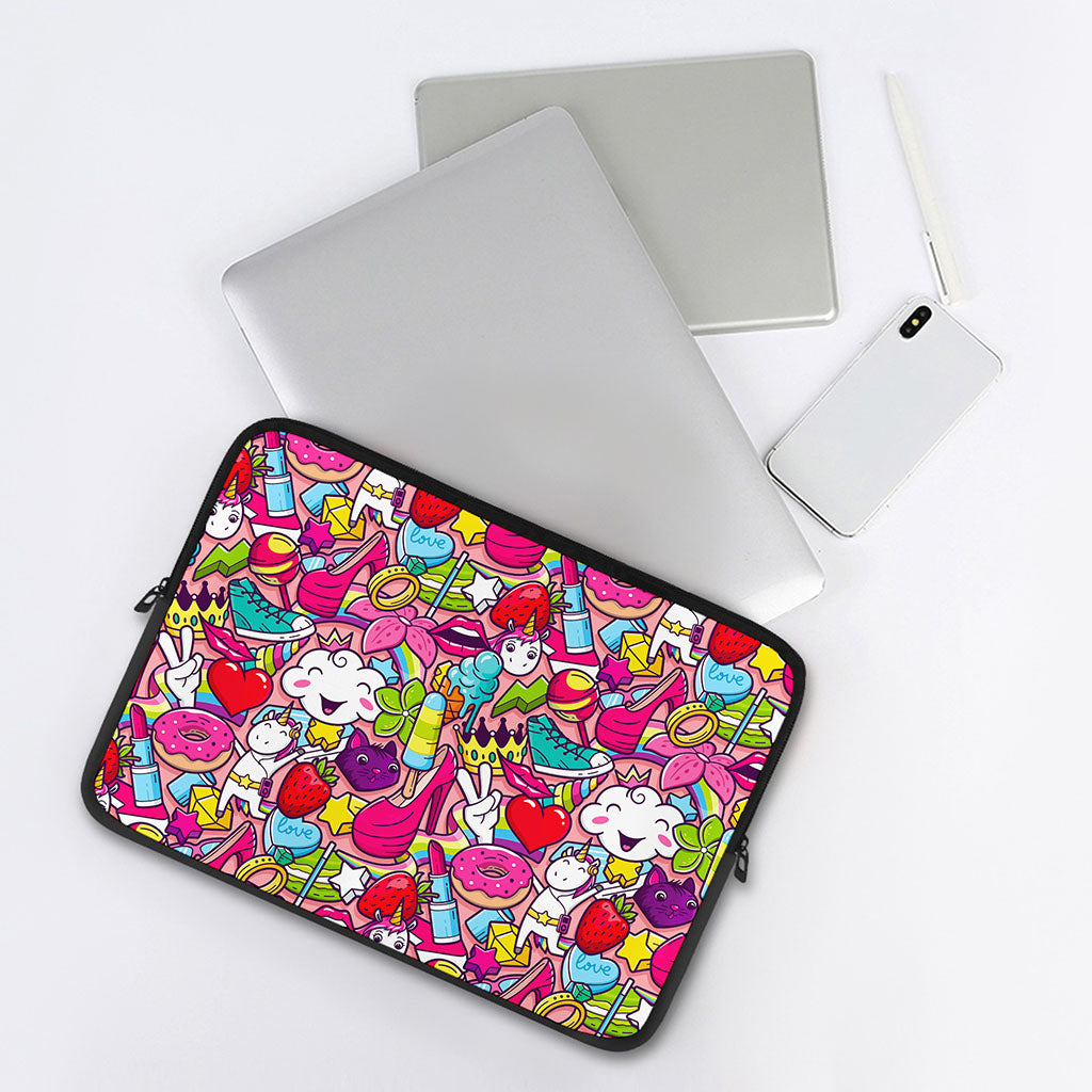 Girly Unicorn Cartoon Pattern Print Laptop Sleeve