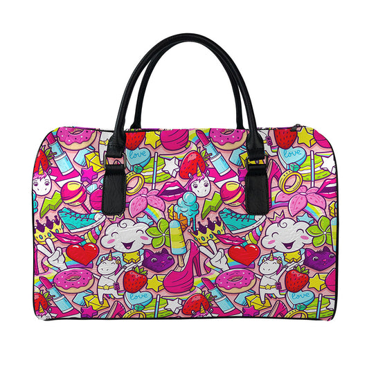 Girly Unicorn Cartoon Pattern Print Leather Duffle Bag