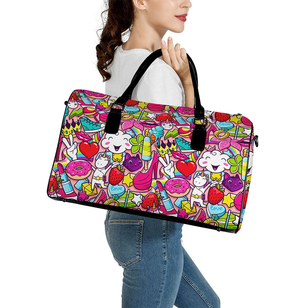 Girly Unicorn Cartoon Pattern Print Leather Duffle Bag
