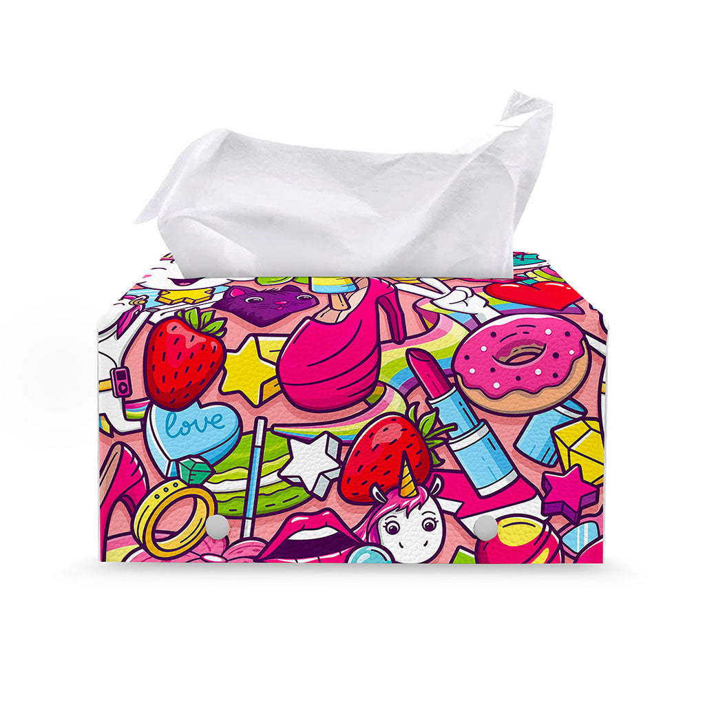 Girly Unicorn Cartoon Pattern Print Leather Tissue Box Cover