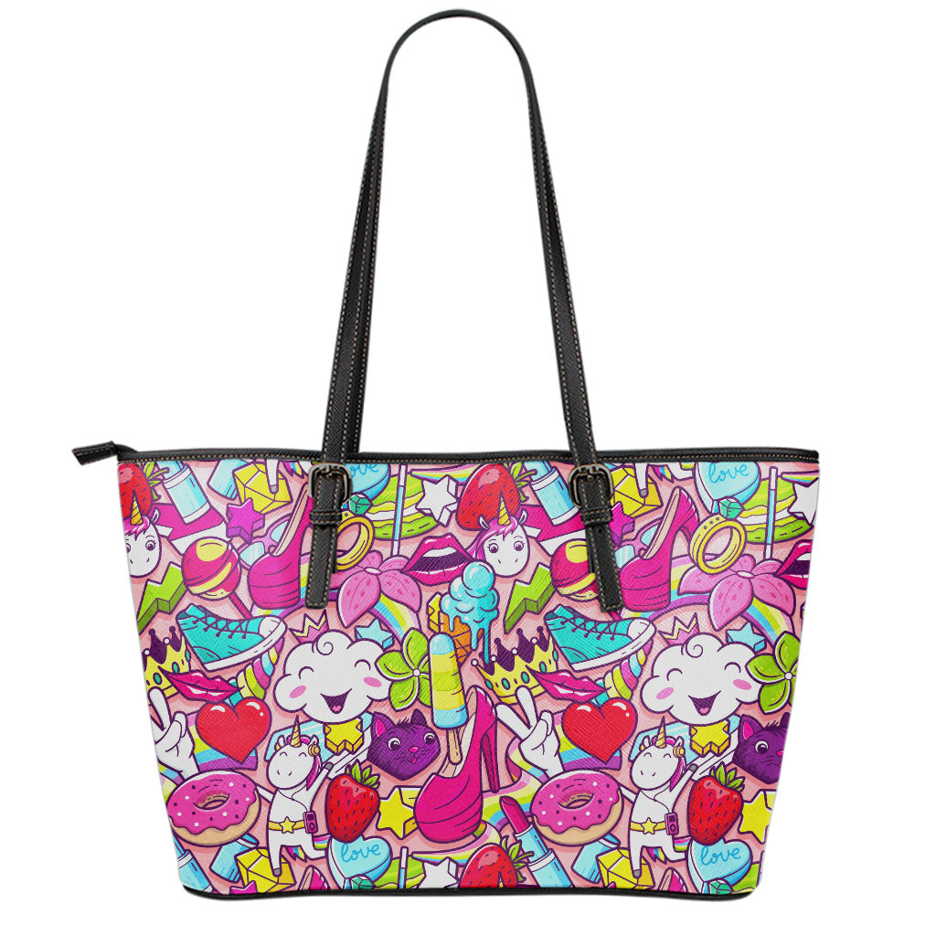 Girly Unicorn Cartoon Pattern Print Leather Tote Bag