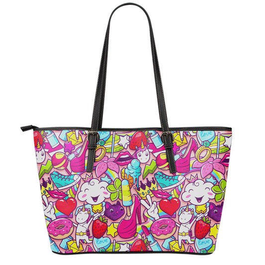 Girly Unicorn Cartoon Pattern Print Leather Tote Bag