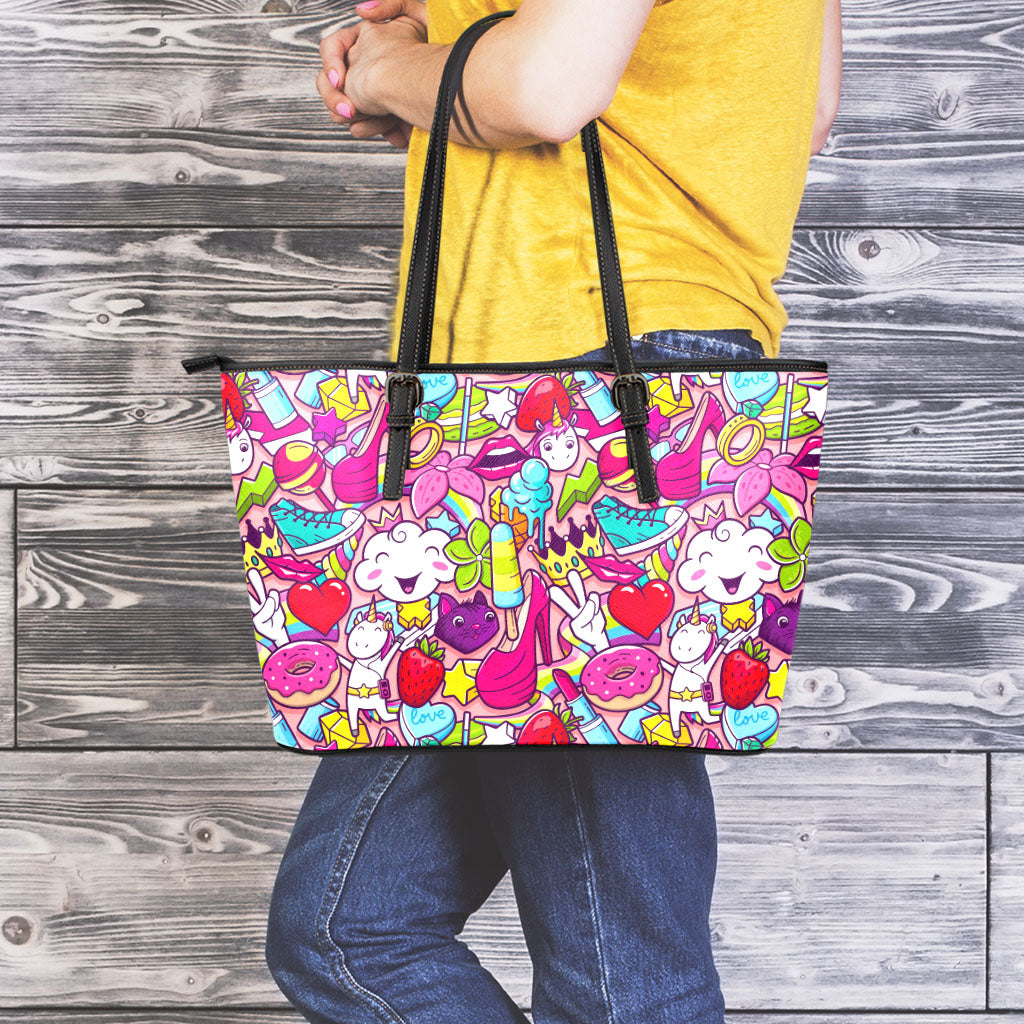 Girly Unicorn Cartoon Pattern Print Leather Tote Bag
