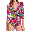 Girly Unicorn Cartoon Pattern Print Long Sleeve Swimsuit