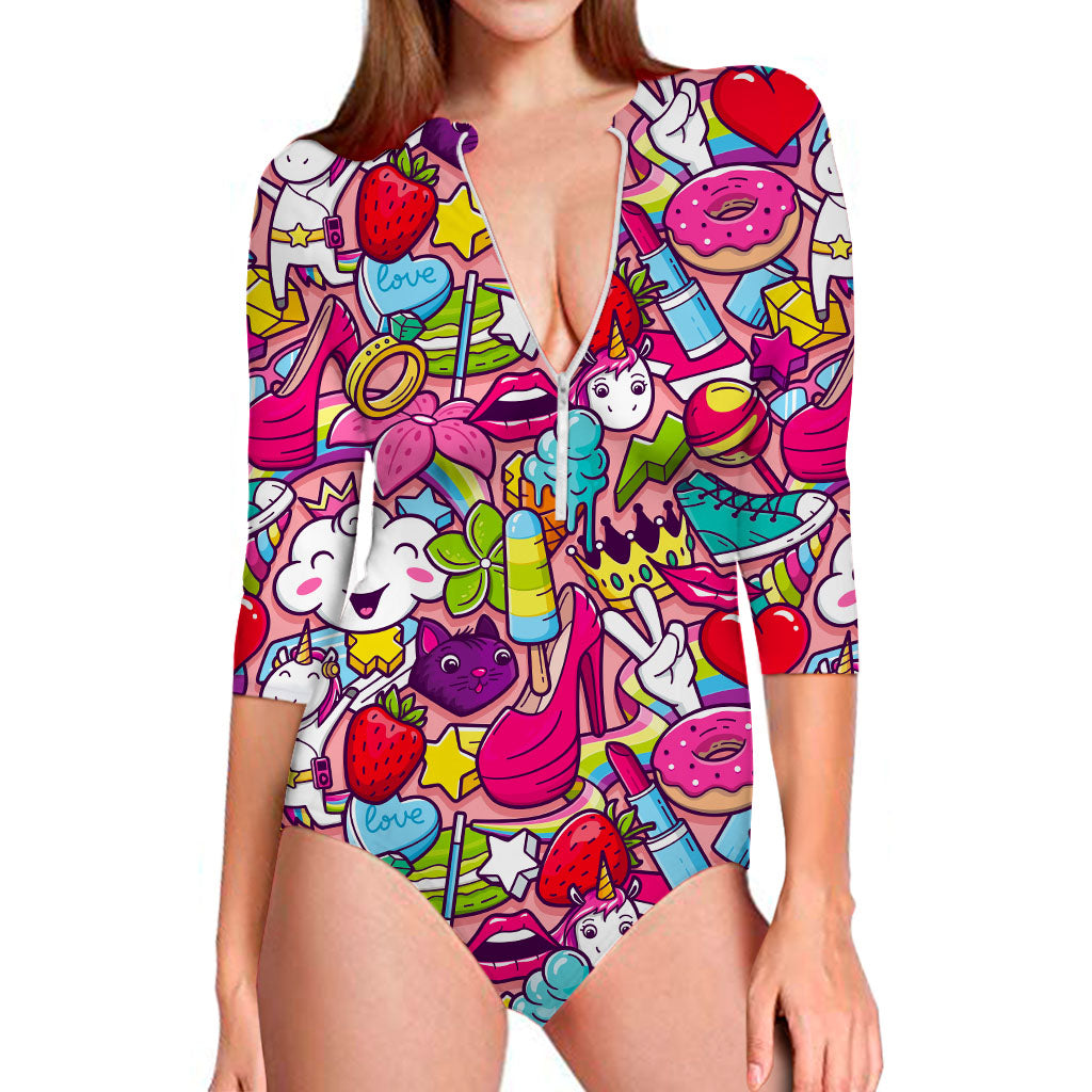 Girly Unicorn Cartoon Pattern Print Long Sleeve Swimsuit