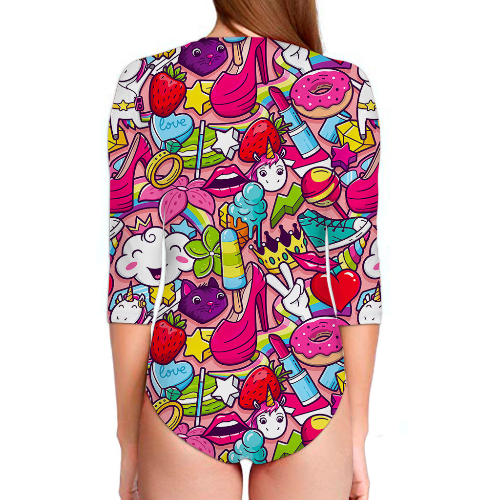 Girly Unicorn Cartoon Pattern Print Long Sleeve Swimsuit