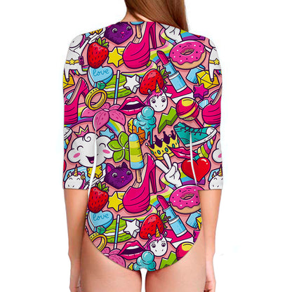 Girly Unicorn Cartoon Pattern Print Long Sleeve Swimsuit