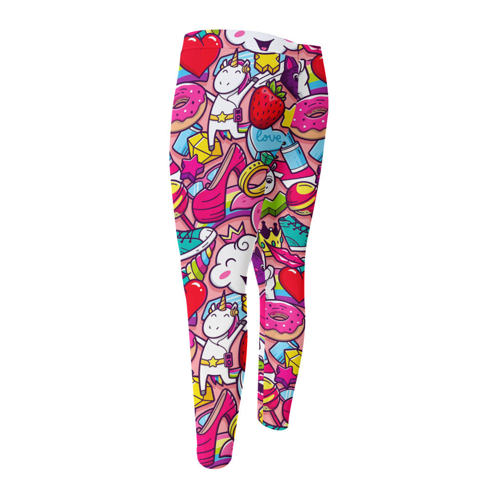 Girly Unicorn Cartoon Pattern Print Men's Compression Pants