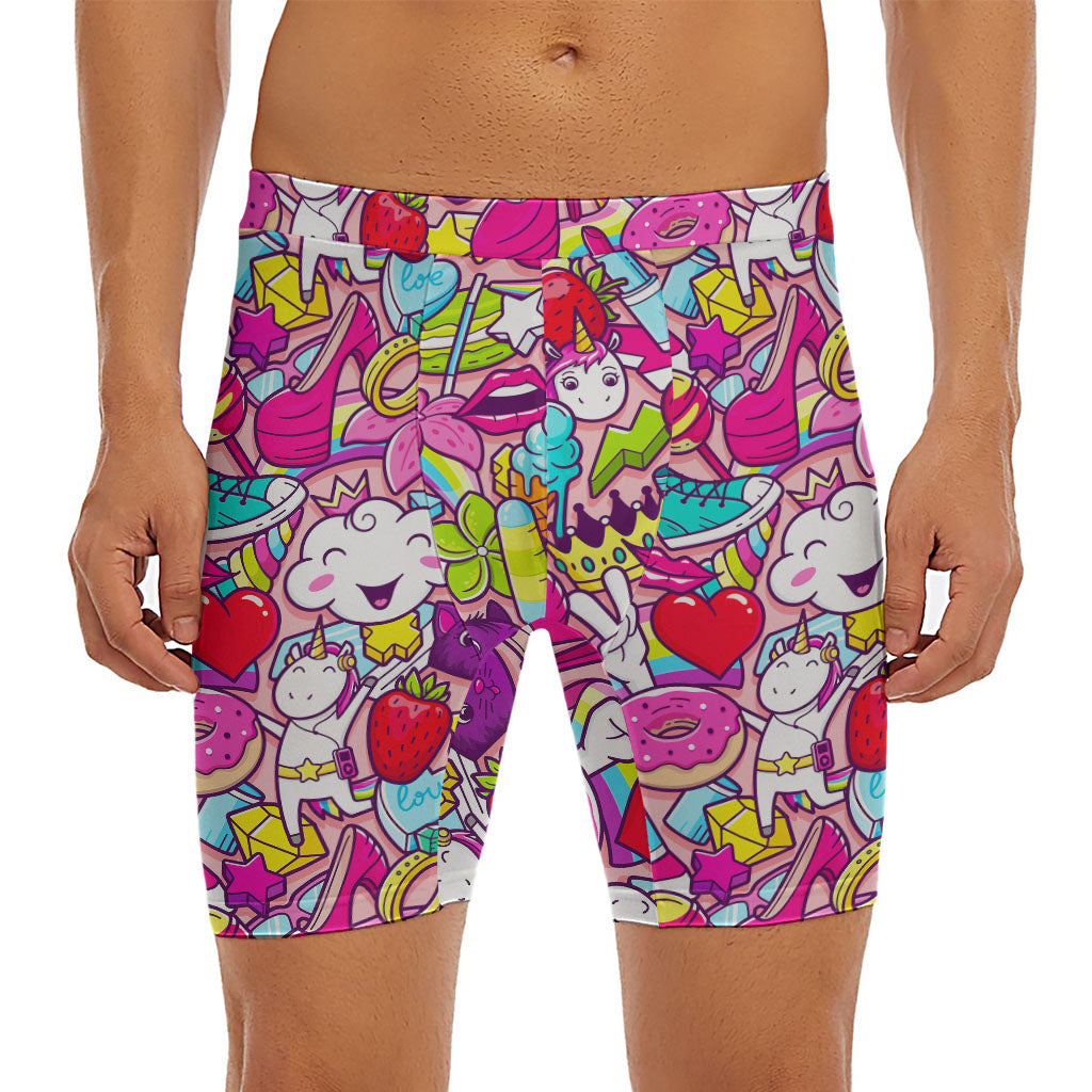 Girly Unicorn Cartoon Pattern Print Men's Long Boxer Briefs