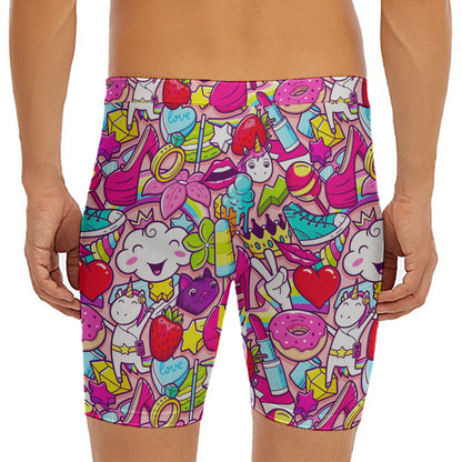 Girly Unicorn Cartoon Pattern Print Men's Long Boxer Briefs