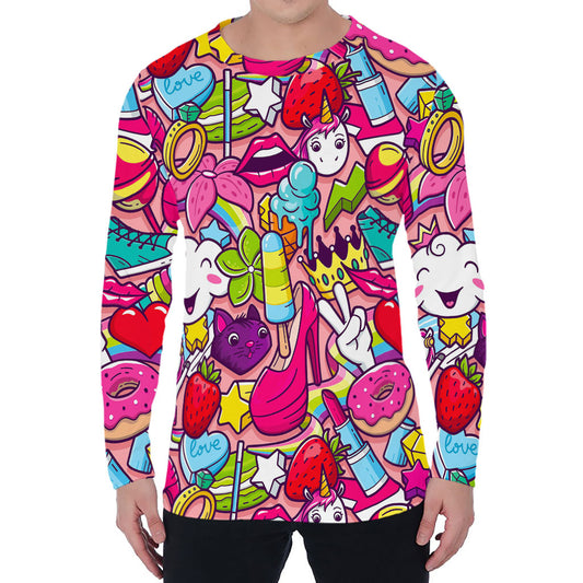 Girly Unicorn Cartoon Pattern Print Men's Long Sleeve T-Shirt