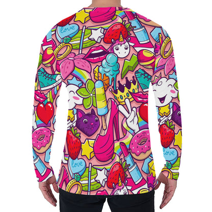 Girly Unicorn Cartoon Pattern Print Men's Long Sleeve T-Shirt