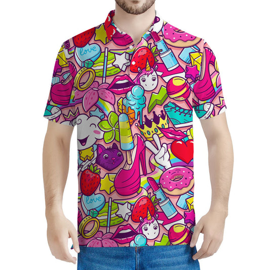 Girly Unicorn Cartoon Pattern Print Men's Polo Shirt