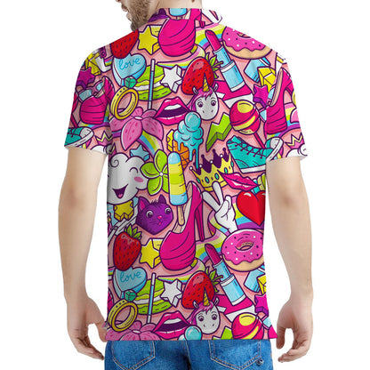 Girly Unicorn Cartoon Pattern Print Men's Polo Shirt