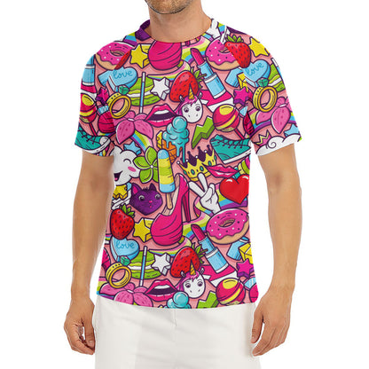 Girly Unicorn Cartoon Pattern Print Men's Short Sleeve Rash Guard