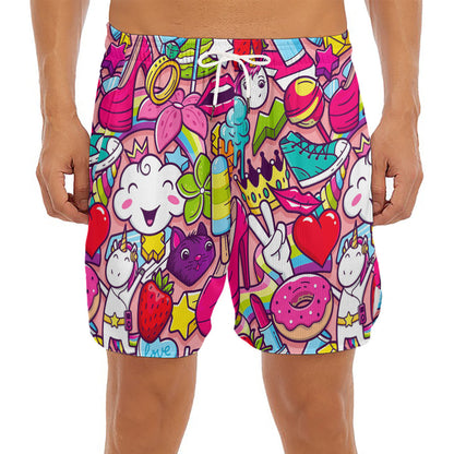 Girly Unicorn Cartoon Pattern Print Men's Split Running Shorts