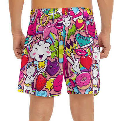 Girly Unicorn Cartoon Pattern Print Men's Split Running Shorts