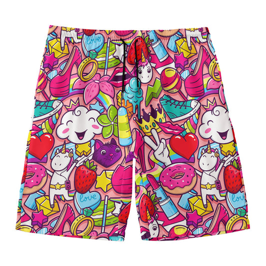 Girly Unicorn Cartoon Pattern Print Men's Swim Trunks