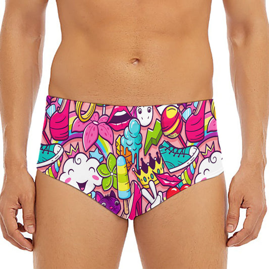 Girly Unicorn Cartoon Pattern Print Men's Triangle Swim Briefs