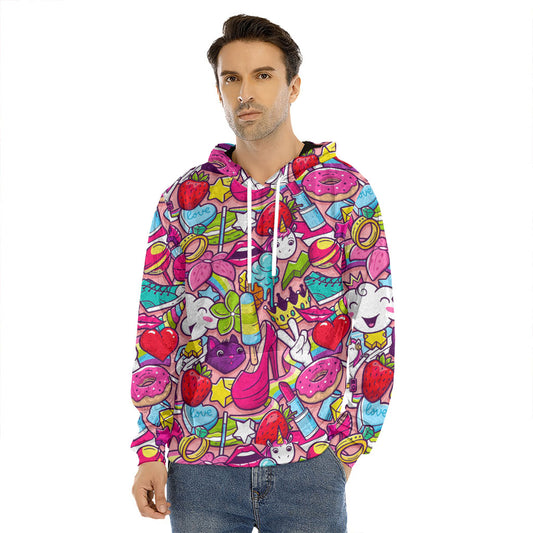 Girly Unicorn Cartoon Pattern Print Men's Velvet Pullover Hoodie