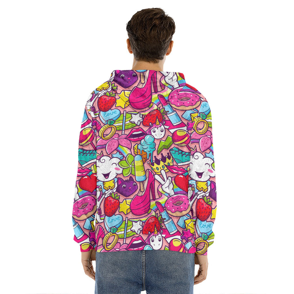 Girly Unicorn Cartoon Pattern Print Men's Velvet Pullover Hoodie