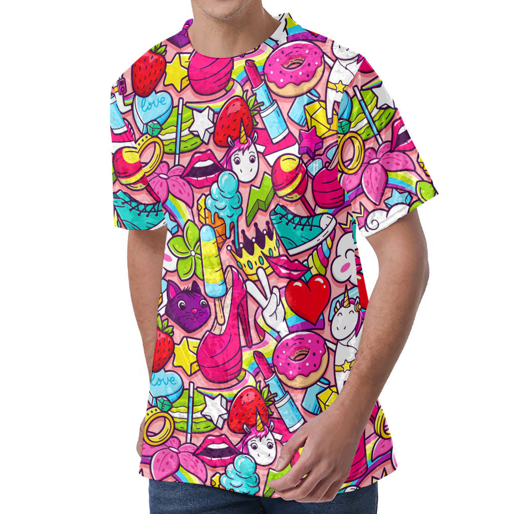 Girly Unicorn Cartoon Pattern Print Men's Velvet T-Shirt