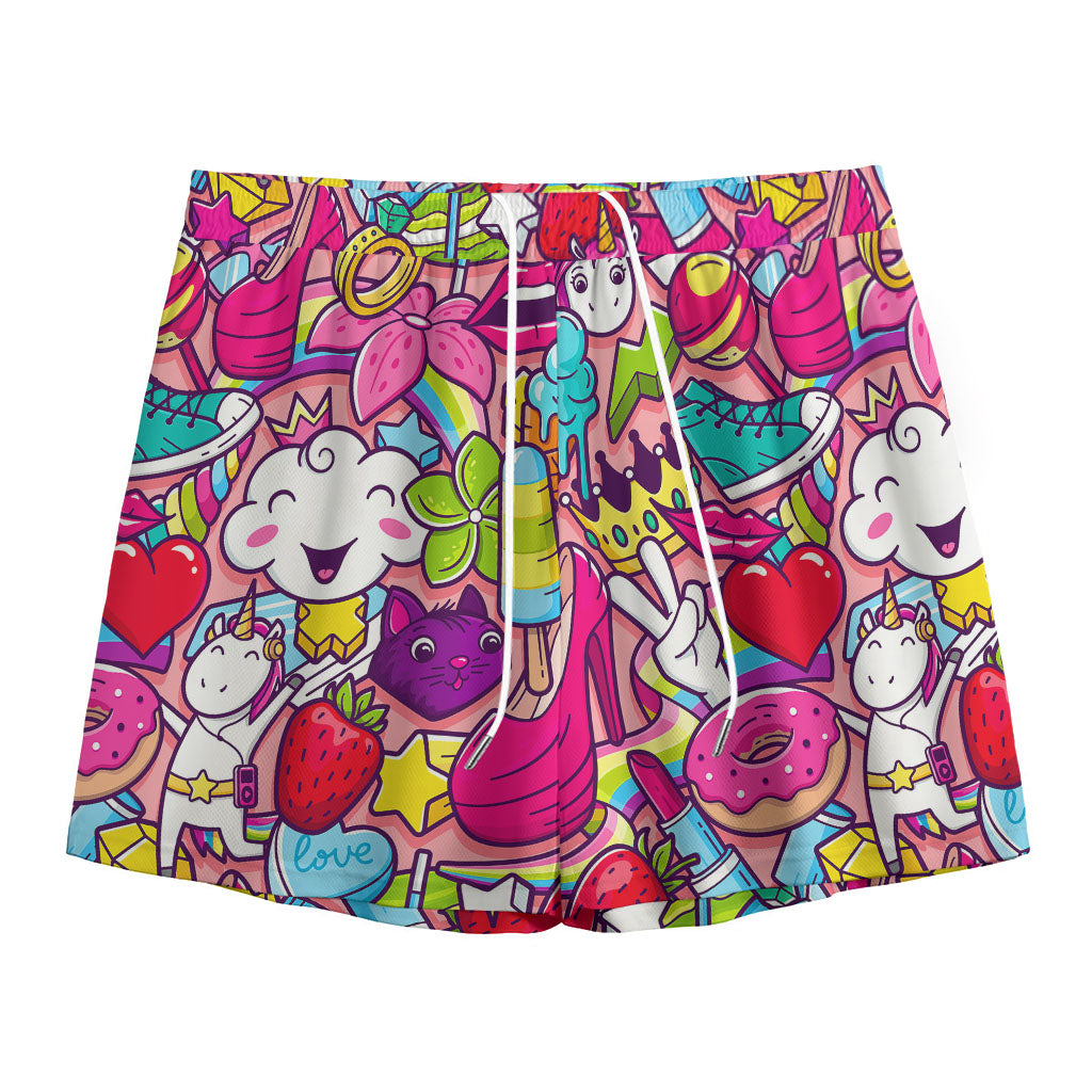 Girly Unicorn Cartoon Pattern Print Mesh Shorts