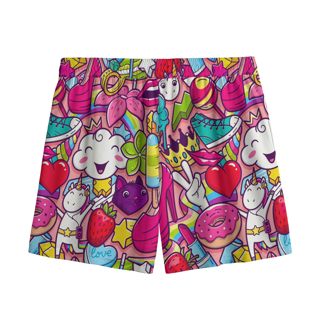 Girly Unicorn Cartoon Pattern Print Mesh Shorts