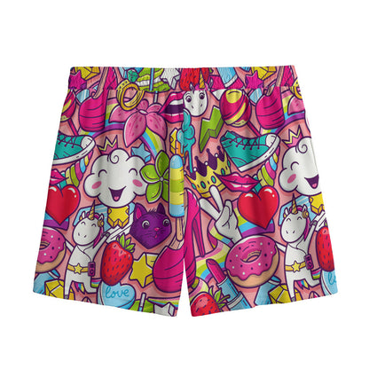 Girly Unicorn Cartoon Pattern Print Mesh Shorts