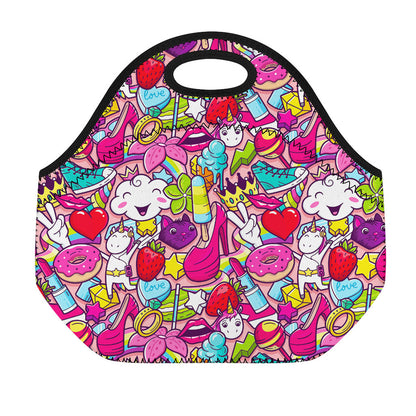 Girly Unicorn Cartoon Pattern Print Neoprene Lunch Bag