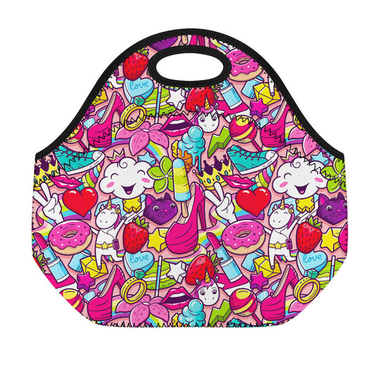 Girly Unicorn Cartoon Pattern Print Neoprene Lunch Bag