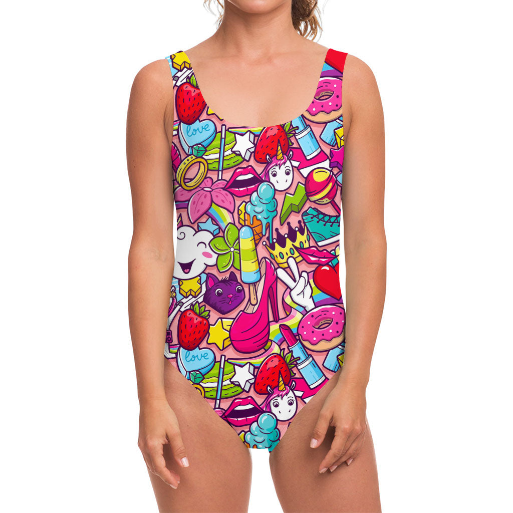 Girly Unicorn Cartoon Pattern Print One Piece Swimsuit