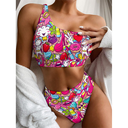 Girly Unicorn Cartoon Pattern Print One Shoulder Bikini Top