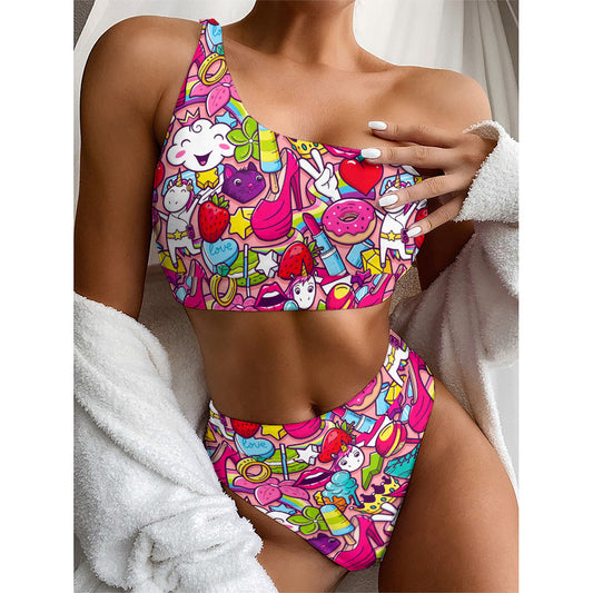 Girly Unicorn Cartoon Pattern Print One Shoulder Bikini Top