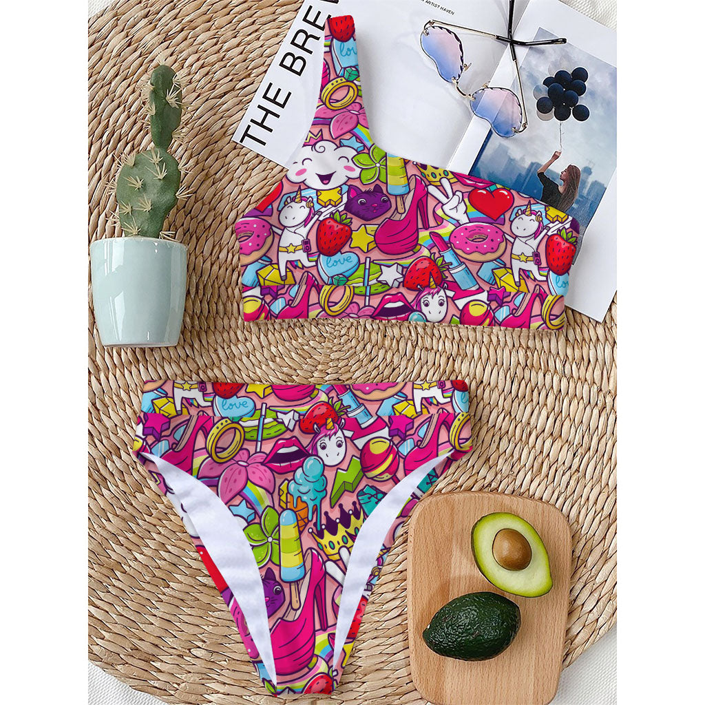 Girly Unicorn Cartoon Pattern Print One Shoulder Bikini Top