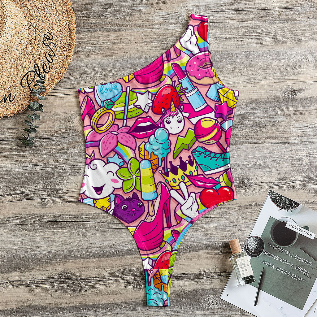 Girly Unicorn Cartoon Pattern Print One Shoulder Bodysuit