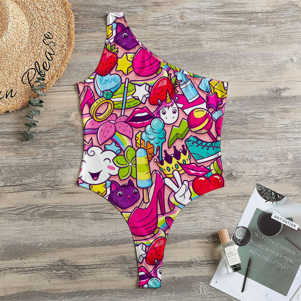 Girly Unicorn Cartoon Pattern Print One Shoulder Bodysuit