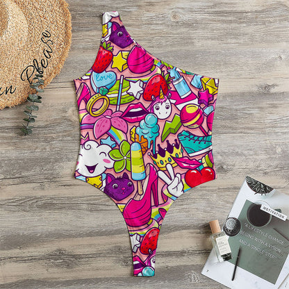 Girly Unicorn Cartoon Pattern Print One Shoulder Bodysuit