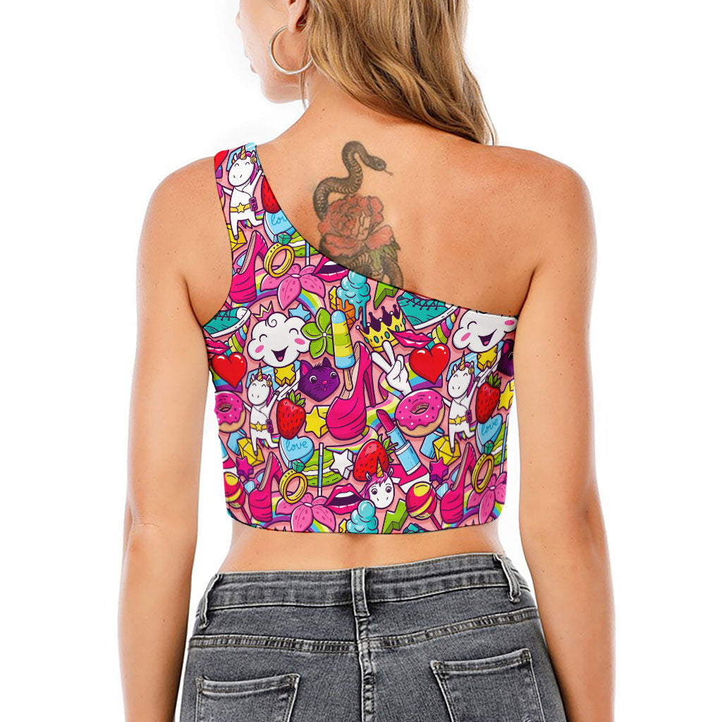 Girly Unicorn Cartoon Pattern Print One Shoulder Crop Top