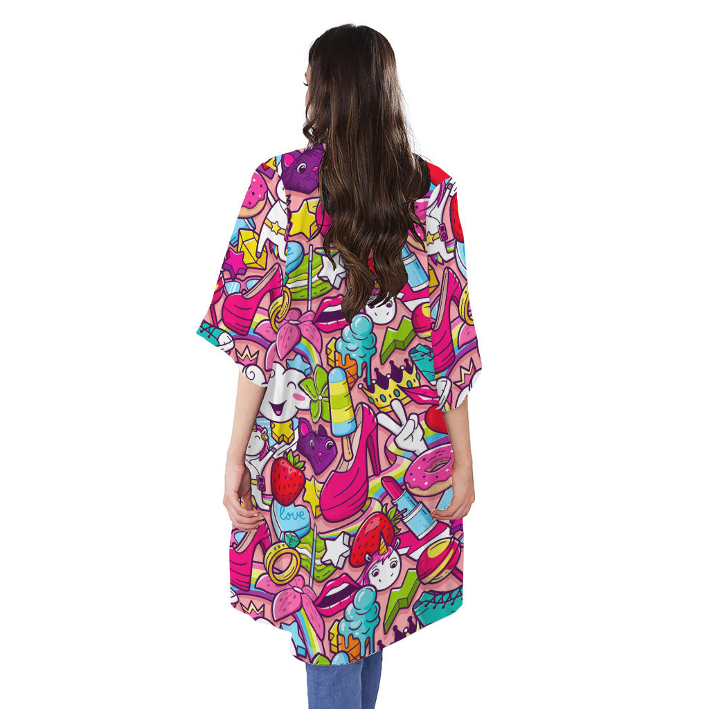 Girly Unicorn Cartoon Pattern Print Open Front Beach Cover Up