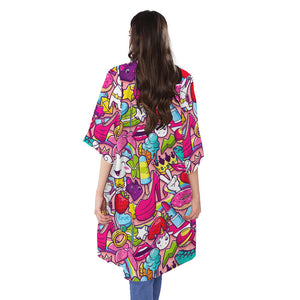 Girly Unicorn Cartoon Pattern Print Open Front Beach Cover Up