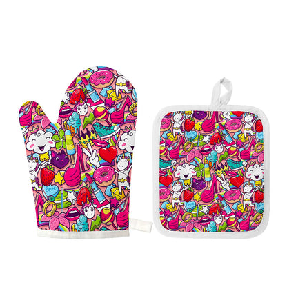 Girly Unicorn Cartoon Pattern Print Oven Mitt And Pot Holder Set