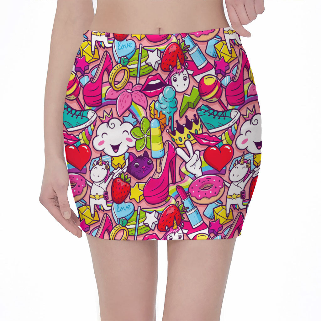 Girly Unicorn Cartoon Pattern Print Pencil Mini Skirt