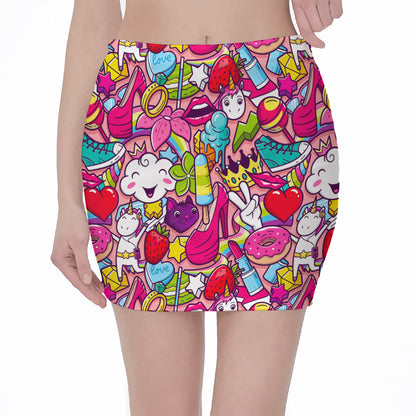 Girly Unicorn Cartoon Pattern Print Pencil Mini Skirt